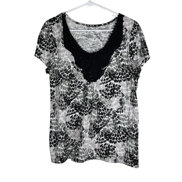 St. John's Bay Tops - St Johns Bay‎ Womens Large Black Gray Abstract Print Crochet V-Neck Cotton Top